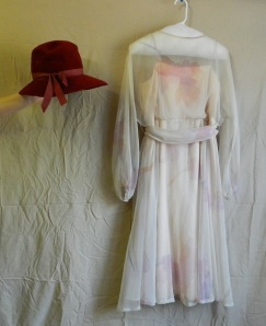 A Dan Lee Coture chiffon dress, 1970s, with the 1970s merrimac fur hat I wrote about in an earlier post. 